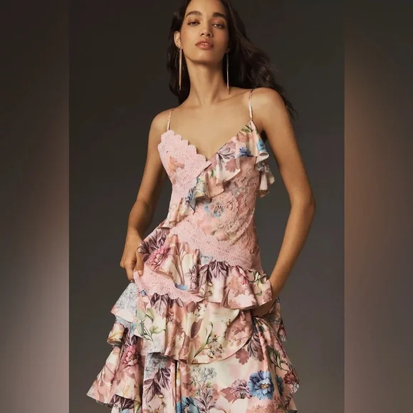 BHLDN pink floral Elora Sleeveless V-Neck Ruffle Lace Maxi Dress - Picture 2 of 10